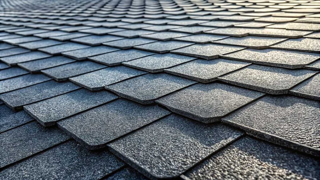 A close-up of faded, cracked shingles on a residential roof under direct sunlight.