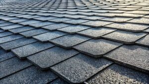 A close-up of faded, cracked shingles on a residential roof under direct sunlight.