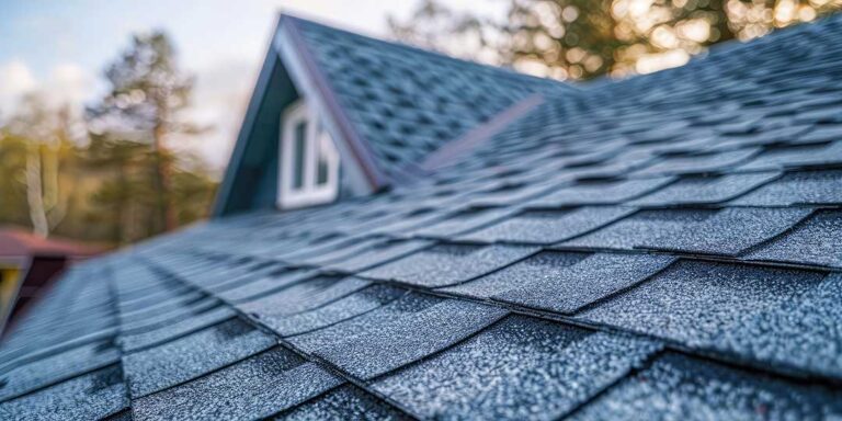 Roof shingles with scattered hail bruises beside granules collected in a gutter