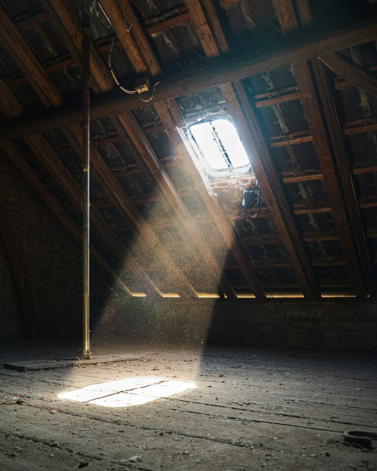 A homeowner examines a ceiling water stain beneath a roof leak while a bucket catches dripping water.