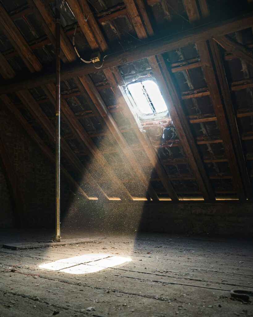 A homeowner examines a ceiling water stain beneath a roof leak while a bucket catches dripping water.
